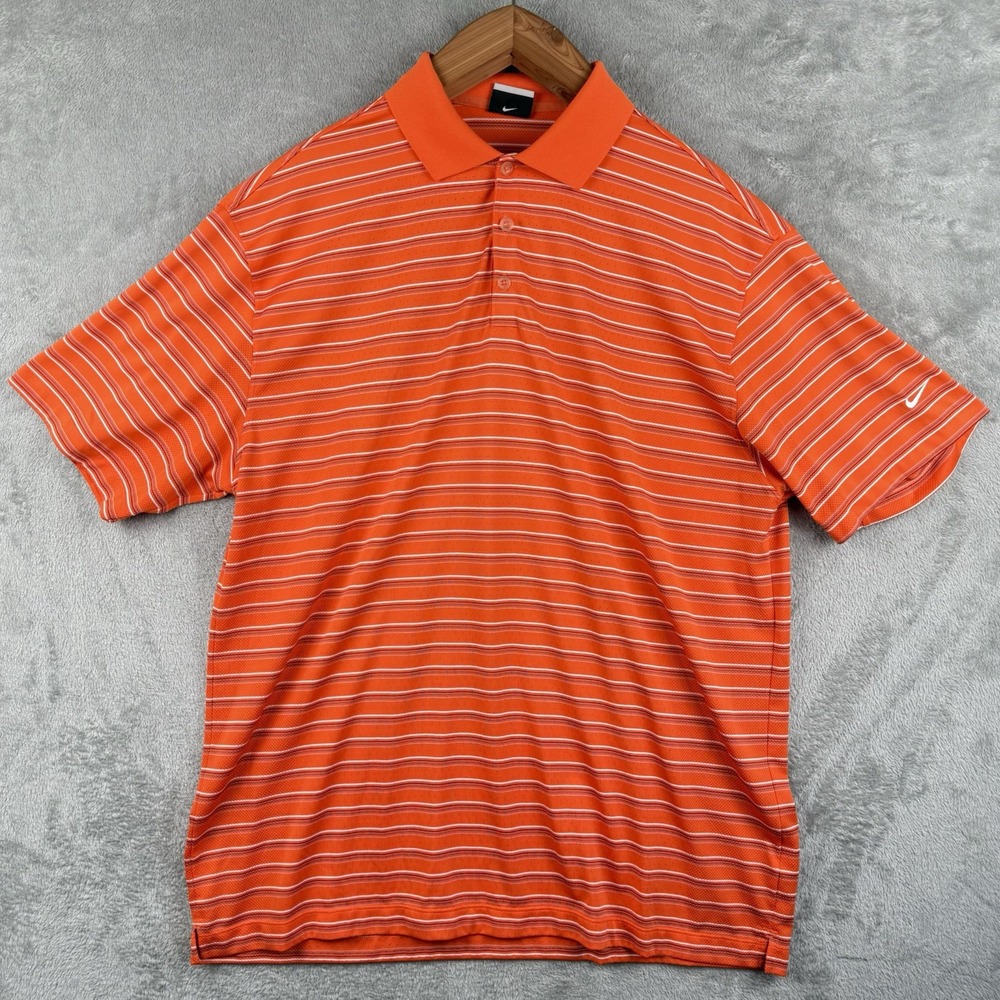 Nike Dri-Fitโ Polo Shirt Mens XXL Orange Striped Golf Athletic Logo Sports Dad